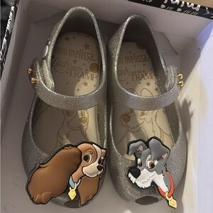 Mini Melissa Silver Kids Dress Shoes with Lady and the Tramp Design